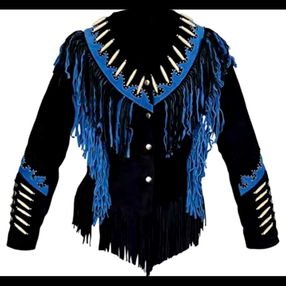 Black, genuine leather (suede) jacket with dark blue and black fringe.